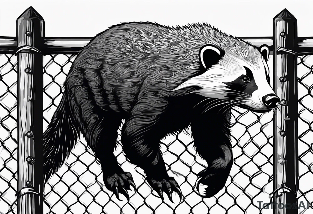honey badger climbing up/over, claws near face, behind, on its back legs, looking over fence, full body tattoo idea