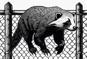 honey badger climbing up/over, claws near face, behind, on its back legs, looking over fence, full body tattoo idea