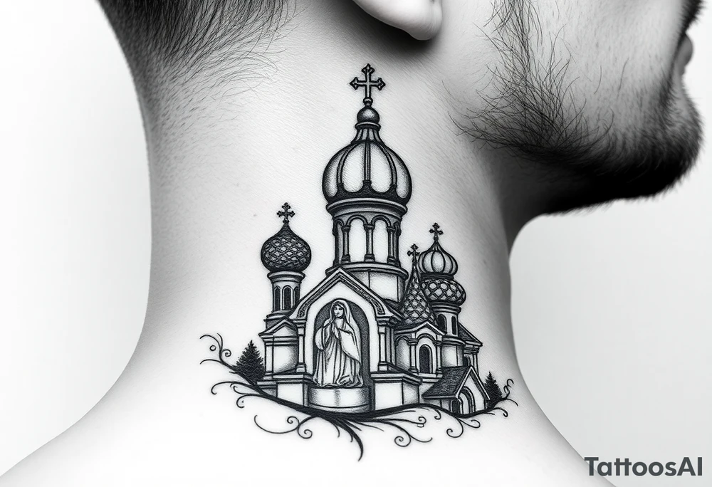 Flowing Scene

A onion domes orthodox church
Virgin Mary in prayer pose wrapping around the lower neck curve
A small double headed russian coat of arms eagle or just the star tucked above the dome near the hairline tattoo idea