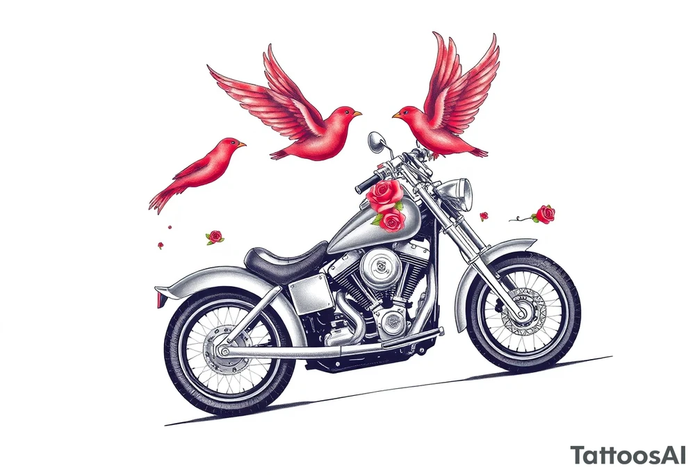 Harley grey motorcycle driving away, two red birds flying, roses, flames, angel wings tattoo idea