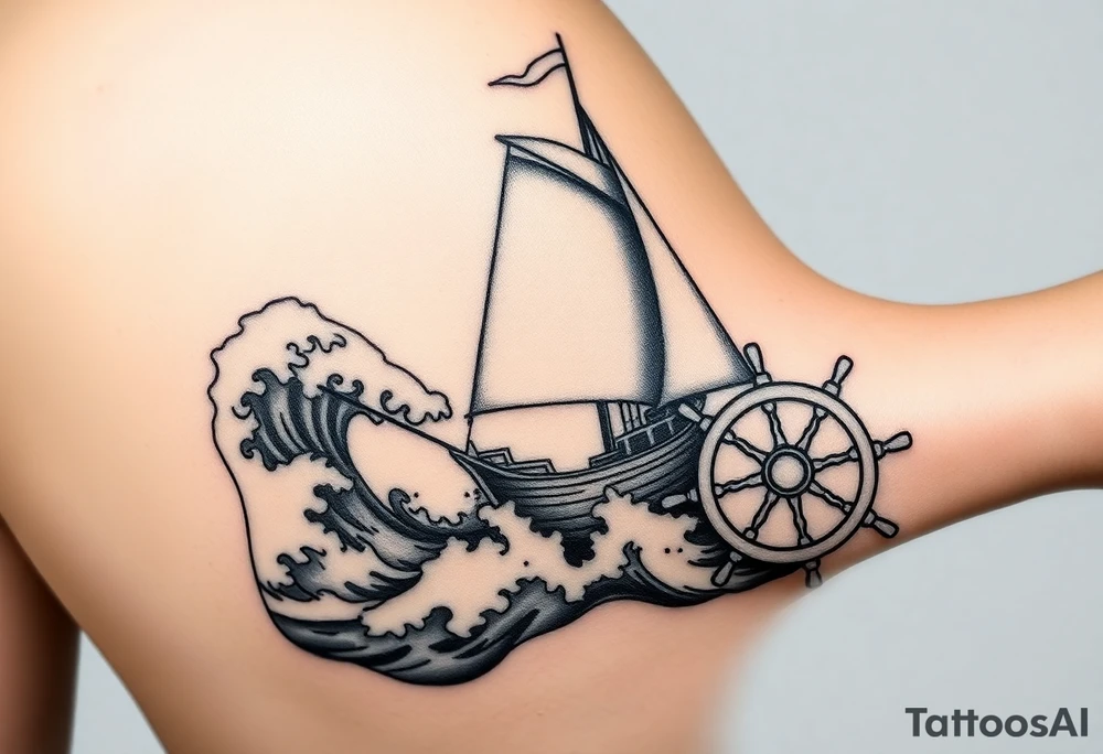 an old sail boat surrounded by big waves and then on the wrist it will be the steering wheel of the boat but the inside will be a compass. This tattoo will start at elbow and finish on the wrist tattoo idea