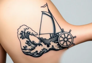 an old sail boat surrounded by big waves and then on the wrist it will be the steering wheel of the boat but the inside will be a compass. This tattoo will start at elbow and finish on the wrist tattoo idea