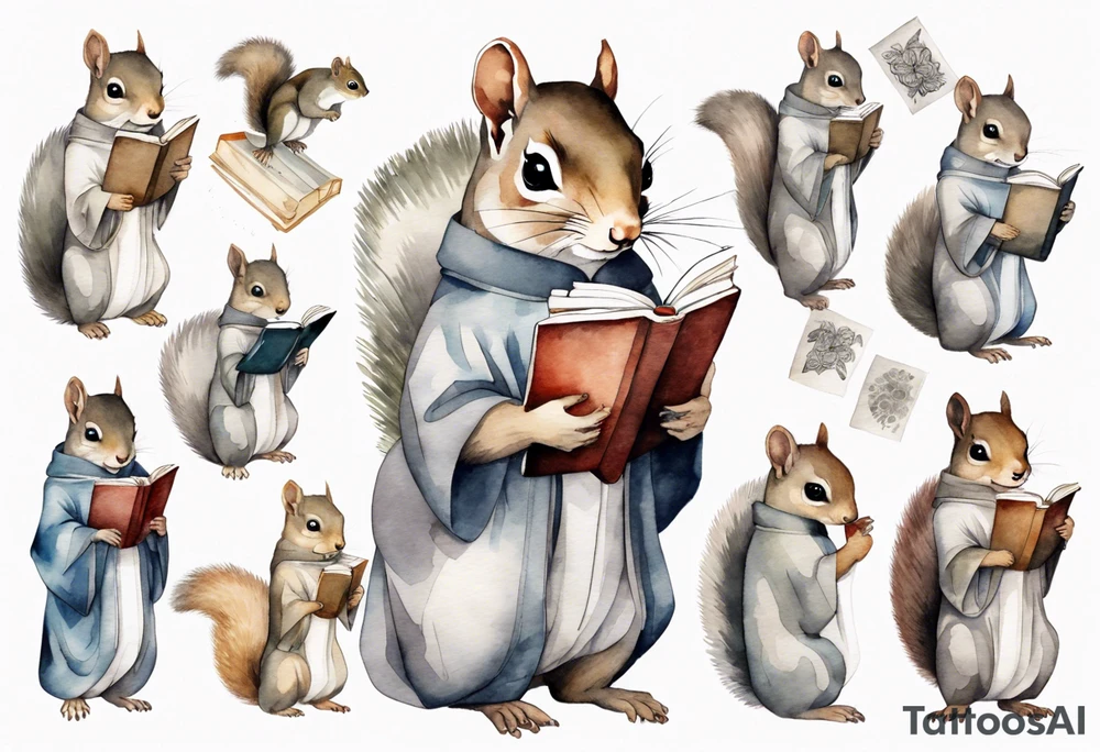 a grey squirrel dressed in a tunic holding a large book tattoo idea