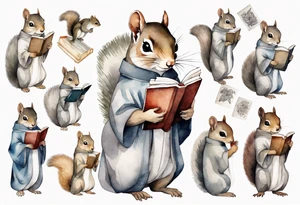 a grey squirrel dressed in a tunic holding a large book tattoo idea