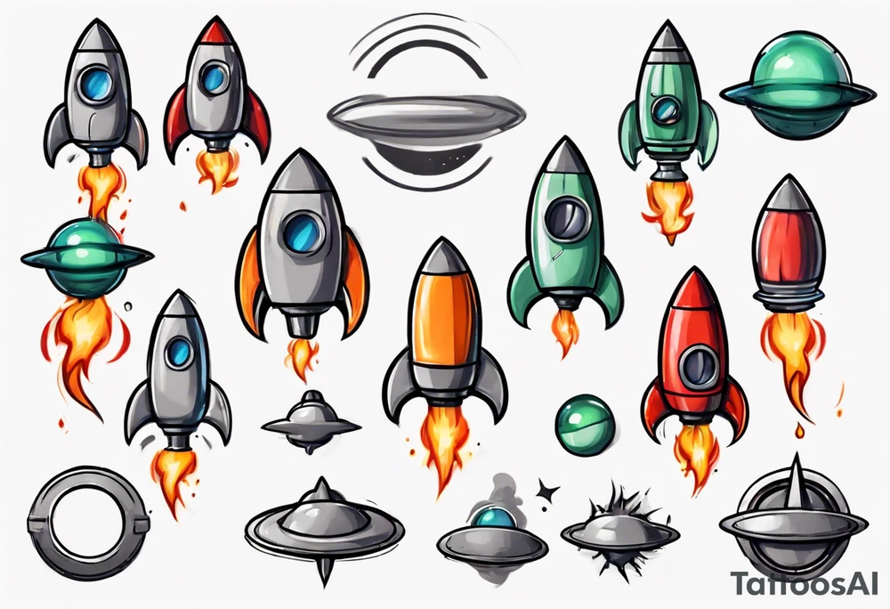 Super simple cartoon rocket ship with a round window, 3 fins, and fire coming out the bottom

Add some shading and detail to make less basic

Rocket should be green with gray accents tattoo idea