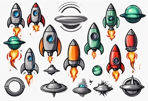 Super simple cartoon rocket ship with a round window, 3 fins, and fire coming out the bottom

Add some shading and detail to make less basic

Rocket should be green with gray accents tattoo idea