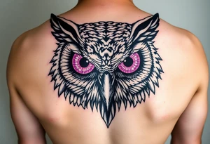 Cyber Owl head with large intense tripping purple eyes without pupils, tattoo idea