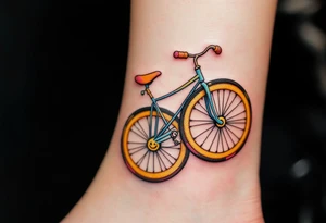 A bicycle with the wheels forming smiling faces, with a blend of bright colors like yellow, orange, and pink for a light-hearted, cheerful design. tattoo idea