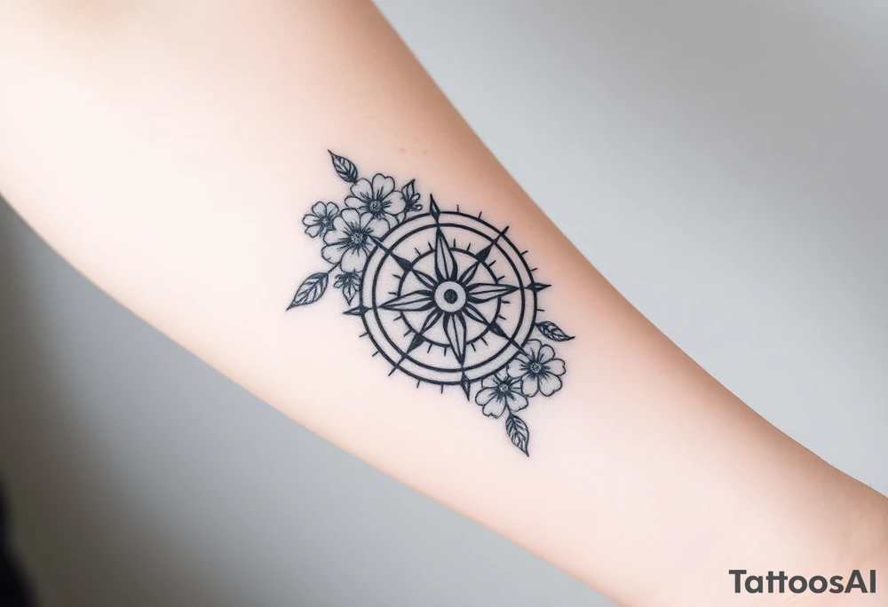 Compass with cursive letters with flowers flowing above and below tattoo idea