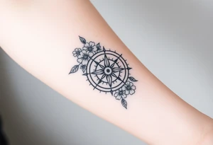 Compass with cursive letters with flowers flowing above and below tattoo idea