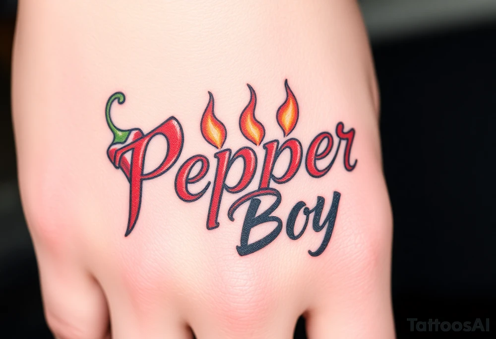 Chili pepper and fire lettering says Pepper Boy tattoo idea