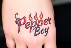 Chili pepper and fire lettering says Pepper Boy tattoo idea