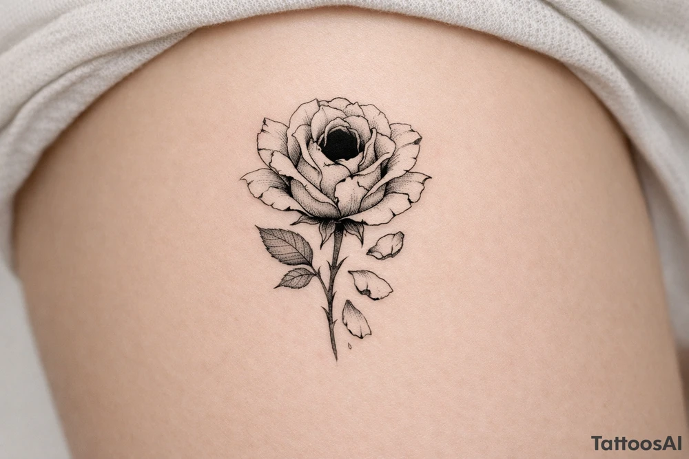 A single rose, petals cracked and falling, a dark void within. tattoo idea