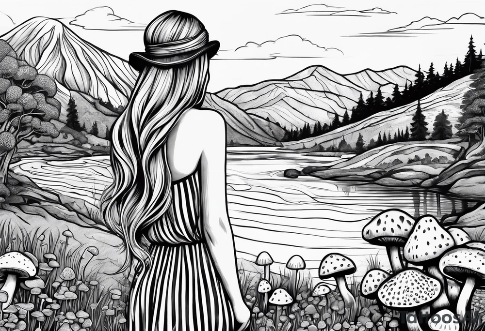 Straight long blonde hair hippie girl in distance holding mushrooms in hand facing away toward mountains and creek surrounded by mushrooms black and white striped dress tattoo idea