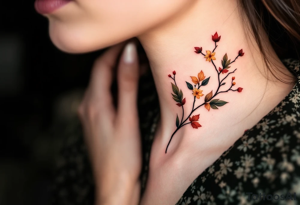 Two separate collarbone tattoos of long, stems and branches covered with red, orange, yellow and dark forest green leaves and flowers, fall themed, muted, delicate and gentle but moody, long and thin, following the collarbone. More muted, not so bright tattoo idea