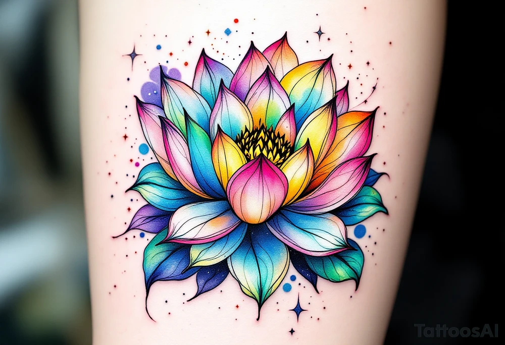 small colorful celestial with lotus flower tattoo idea
