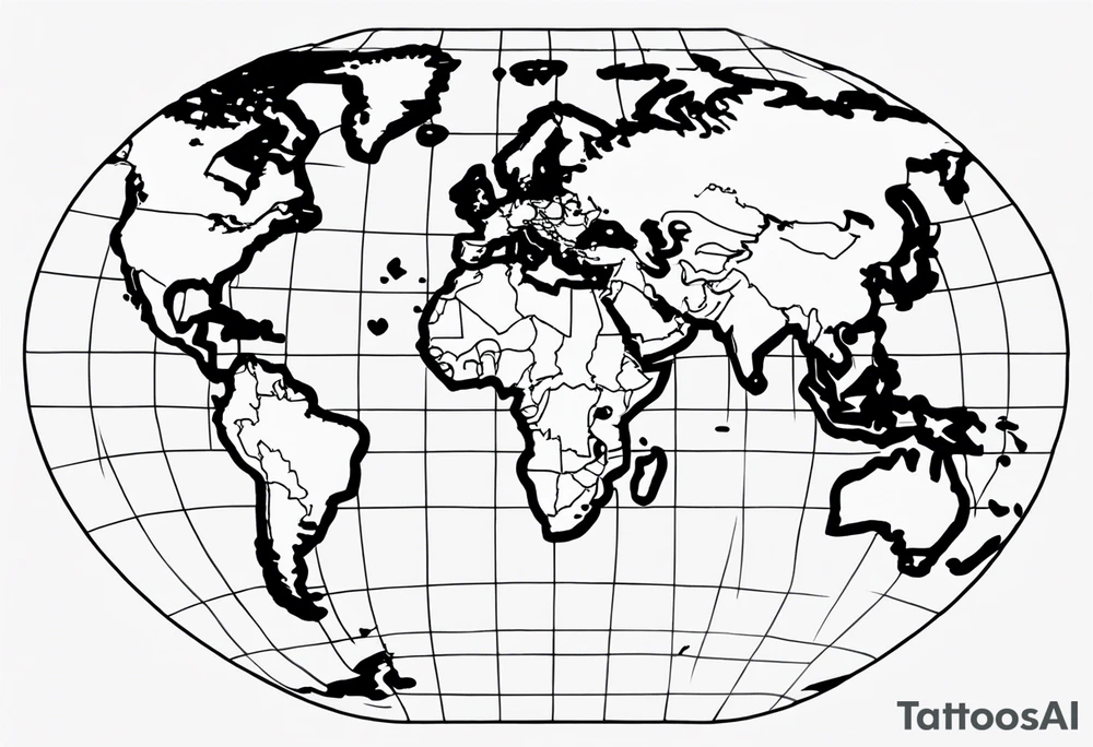 the earth on a flat map with light fading shading placed on a grid with only the lines with accurate depictions of the borders in countries while having it in an oval/circular position on a grid without any borders on the sides tattoo idea