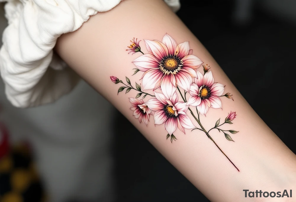 Sunflowers and stargazer lillies in pink and white in a dainty wildflower bouquet with stems tattoo idea