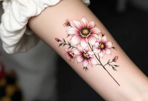 Sunflowers and stargazer lillies in pink and white in a dainty wildflower bouquet with stems tattoo idea