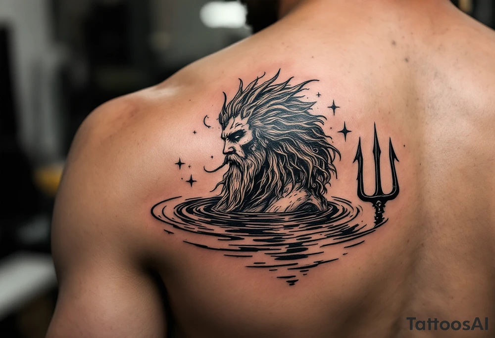 poseidon with trident half way in calm water tattoo idea