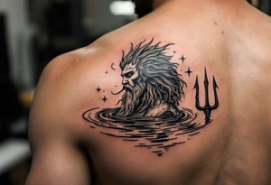 poseidon with trident half way in calm water tattoo idea