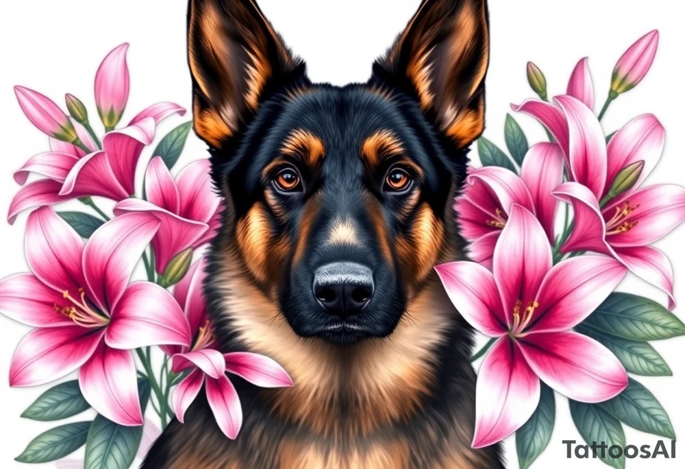 realistic german shepherd with alert ears looking protective surrounded by pink lilies with leaves in front of a sacred heart tattoo idea
