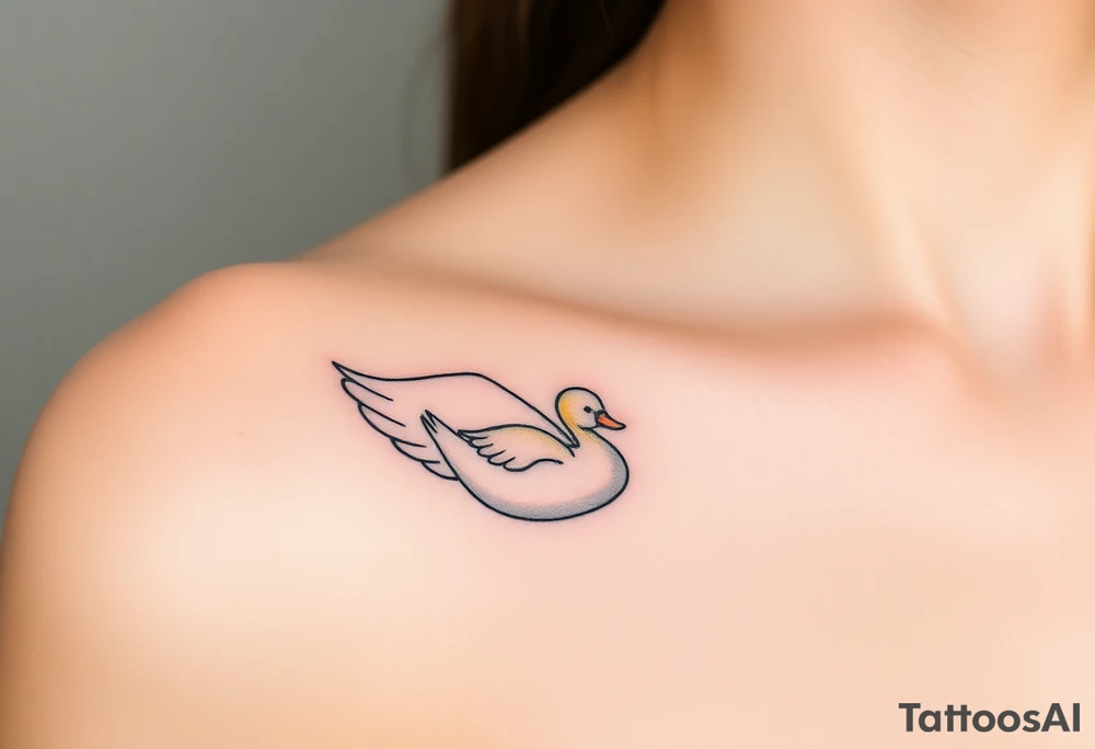 A swan with her baby duck nestled in her wings, in soft white and light blue hues, symbolizing purity and warmth tattoo idea