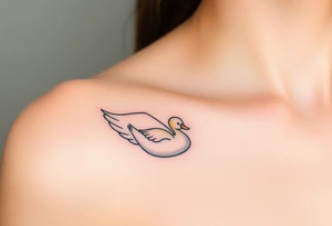 A swan with her baby duck nestled in her wings, in soft white and light blue hues, symbolizing purity and warmth tattoo idea