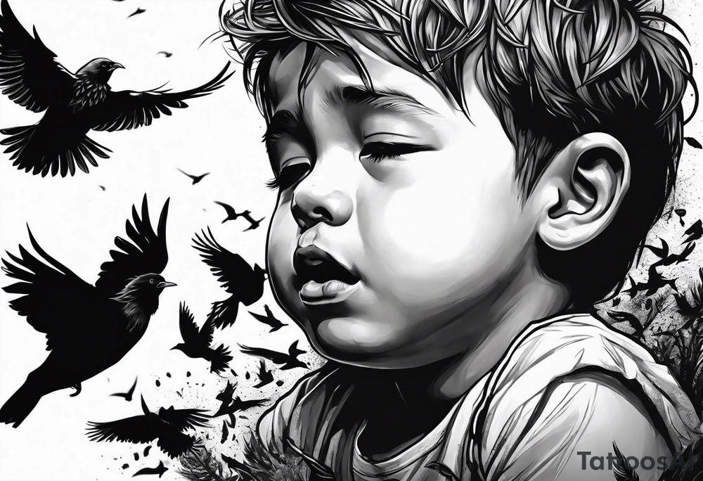 boy crying, being attached by birds tattoo idea boy crying, being attached by birds tattoo idea