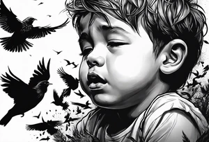 boy crying, being attached by birds tattoo idea
