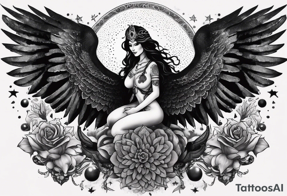 black kali, goddess pirate, alien, angel, pachamama, valkrye, warrior, flying, skull, lotus azul, wing, eagle, zenza resonance, stars, 5D, anahata chakra, death, durga, riding on a tiger, flying lady, kundalini, chest tatoo, samuri, rebel, serpent tattoo idea