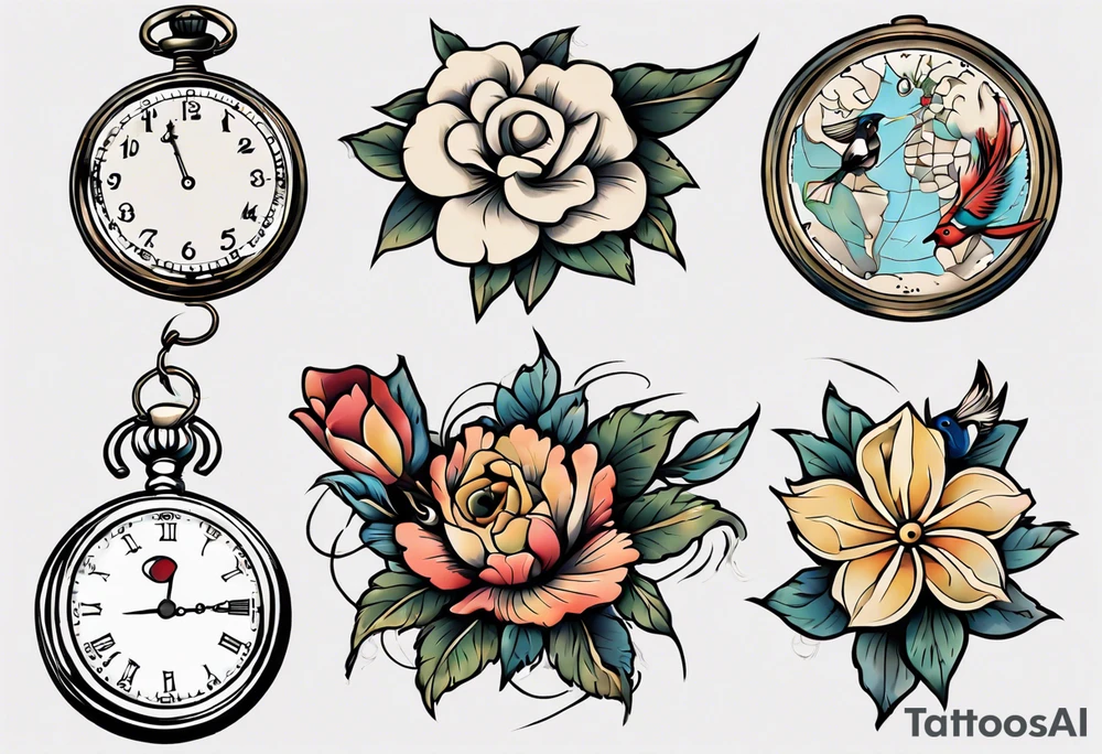 pocket watch, map , flower , bird tattoo idea