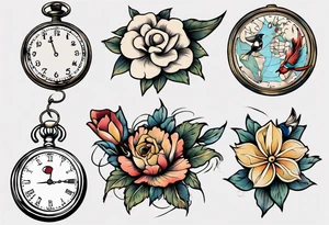 pocket watch, map , flower , bird tattoo idea