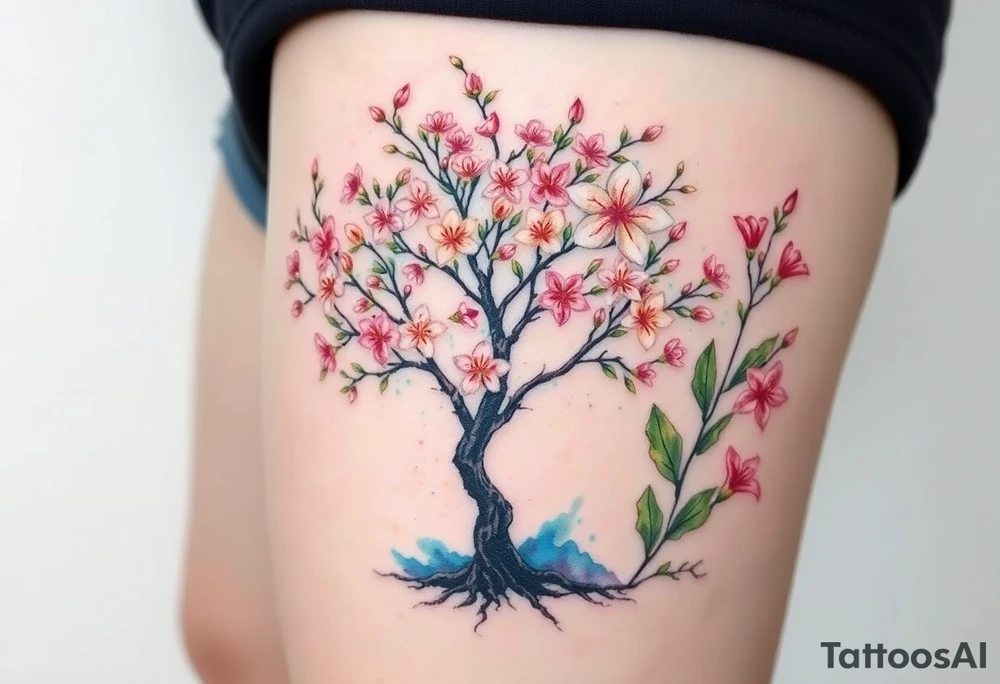 Flowering Hawthorn tree with  lillys planted on each side of the Hawthorn tree and   lily plants tattoo idea
