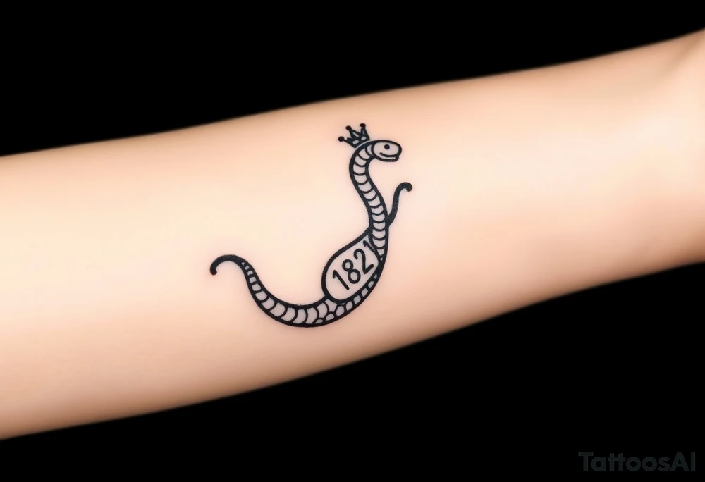 I want a small simple silhouette lines black and white wrist princess like girl snake tattoo that has number 12821 on its body along and also I want it to represent feminine energy crown queen Cycle tattoo idea