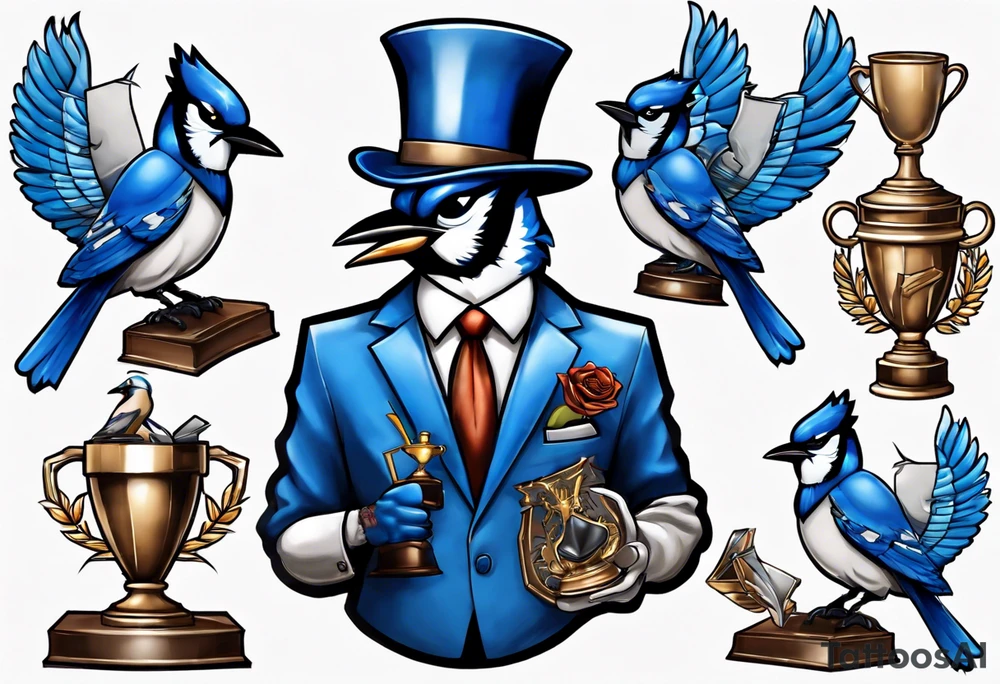 bluejay in a suit holding a trophy tattoo idea
