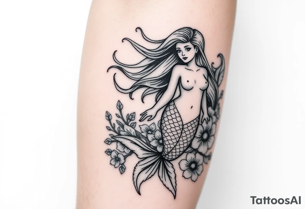 ethereal mermaid with flowing hair among coral and sea flowers tattoo idea