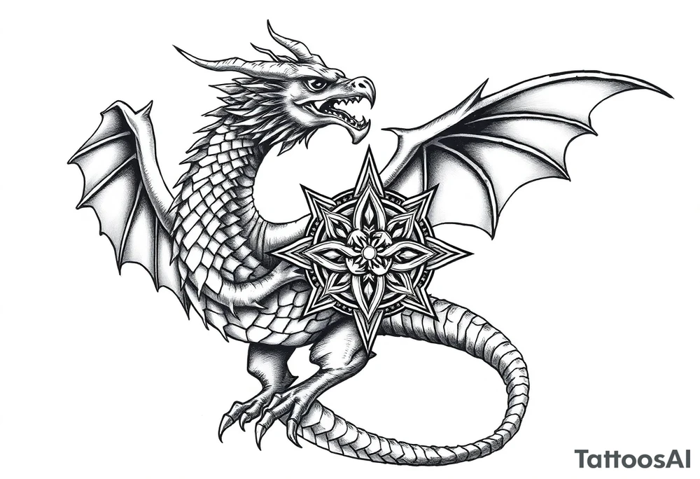 Masculine beautiful realistic detailed dragon holding celtic star tattoo idea