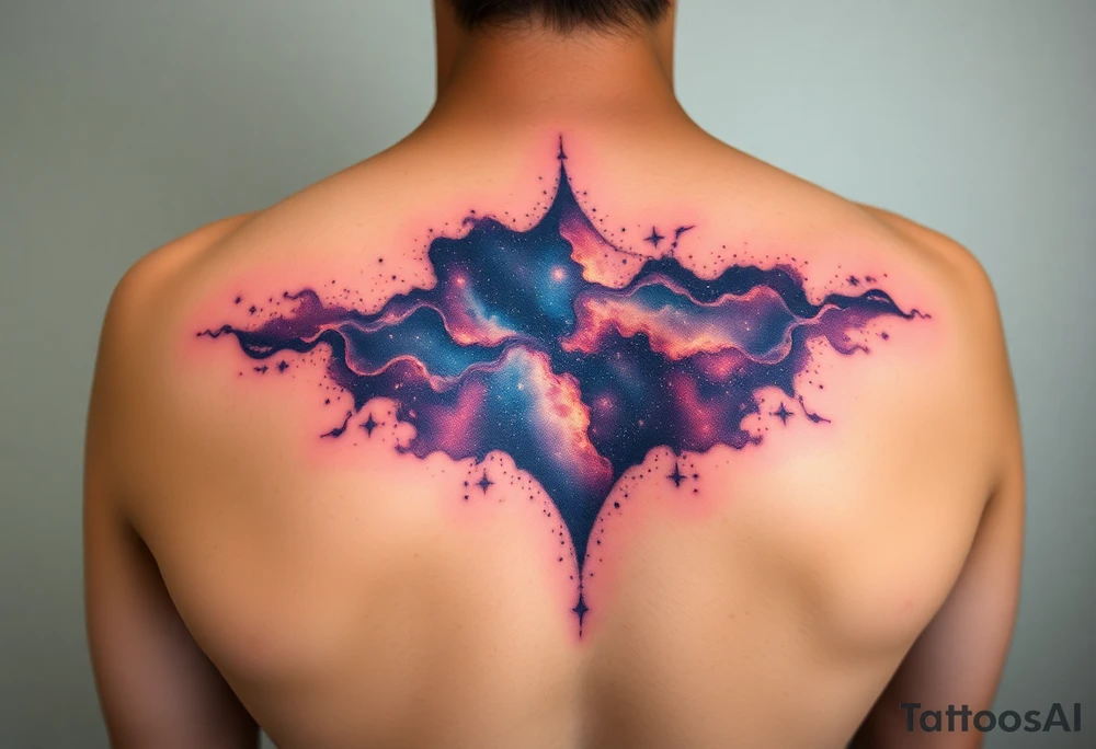Beautiful and epic 3d milky way that appears to be what is beneath the skin. Make it drape over the shoulder and move to the middle back. use negative spaces to create stars and dust. Keep it symmetrical tattoo idea