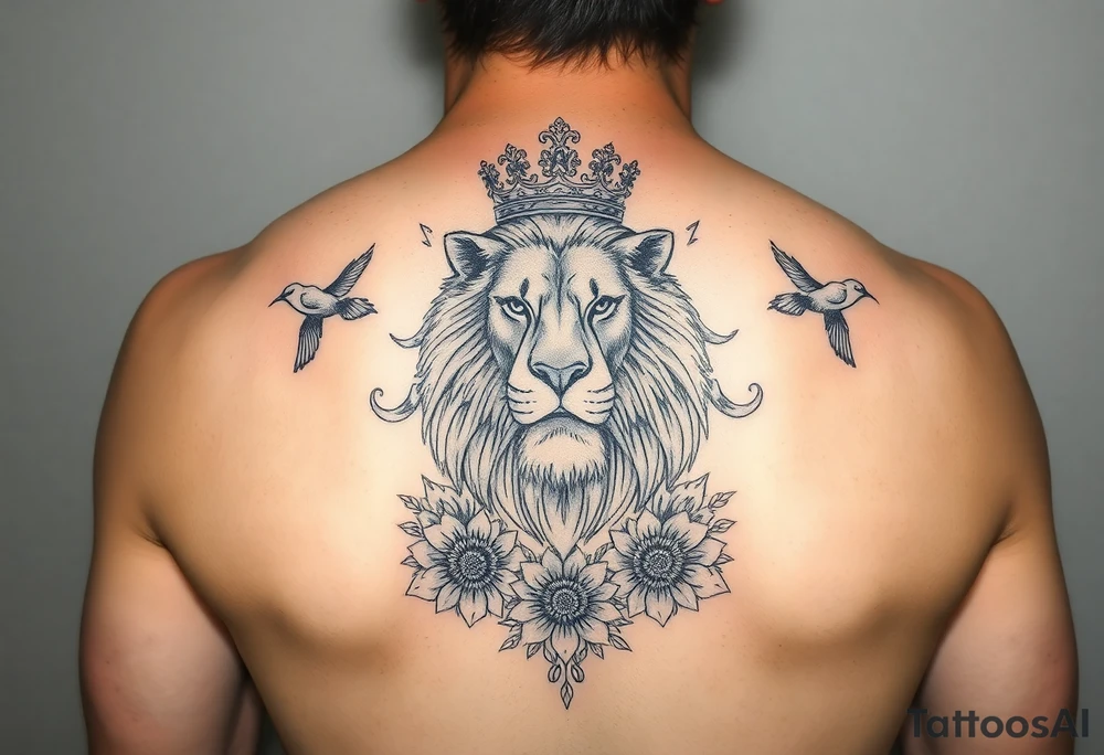 powerful majestic lion with a crown, surrounded by floral ornaments and birds tattoo idea