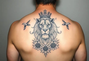 powerful majestic lion with a crown, surrounded by floral ornaments and birds tattoo idea