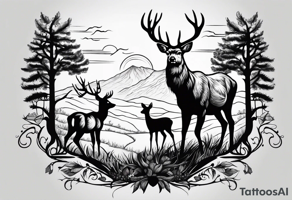 Country scene with deer tattoo idea