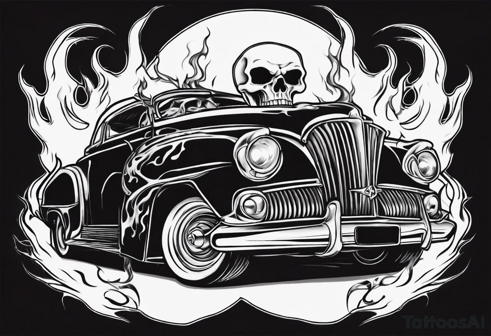 An old vintage car with flames coming out of the hood and a skeleton head at the top of the flames tattoo idea