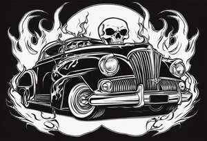 An old vintage car with flames coming out of the hood and a skeleton head at the top of the flames tattoo idea