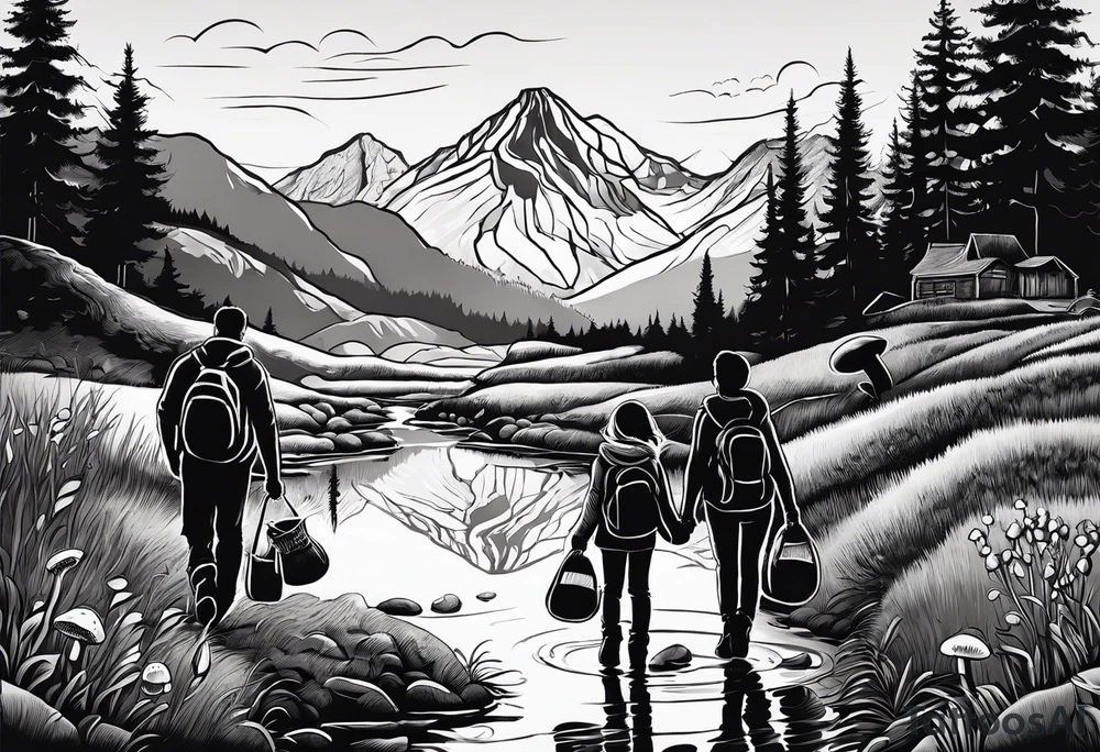 Family silhouette of a father, a mother, oldest son, middle daughter, and small daughter foraging mushrooms with mountains and creek in background tattoo idea