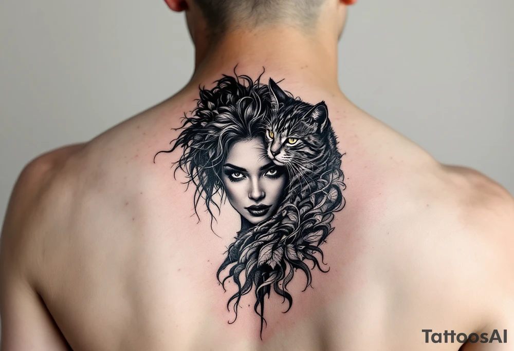 women portrait with cat tattoo idea