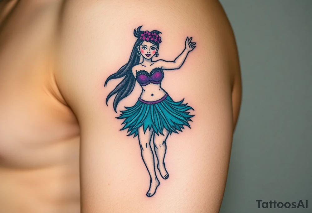 Full body hula girl dancing with a teal grass skirt and a purple top tattoo idea