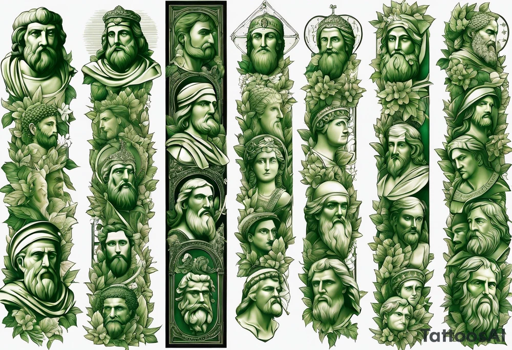 a tattoo full sleeve of stoic heroes in statue form including plato, socrates, alexander the great, julius ceasar, aristotle, pythagorus and william marshal. small amounts of Green english vine plant running through the whole tattoo. all fit on one arm. tattoo idea