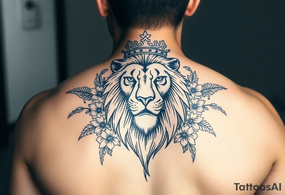powerful majestic lion with a crown, surrounded by floral ornaments and birds tattoo idea