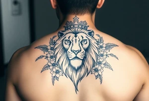 powerful majestic lion with a crown, surrounded by floral ornaments and birds tattoo idea